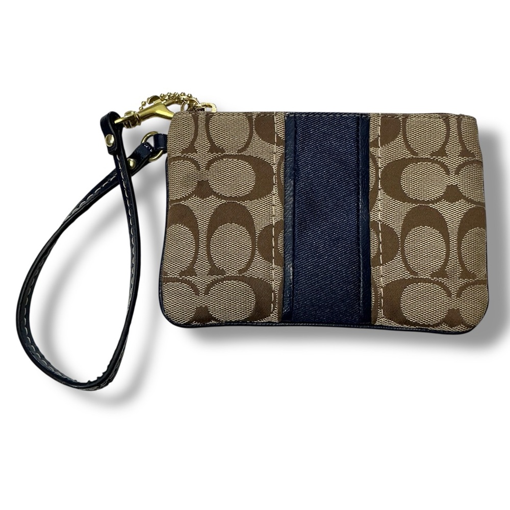 Coach Signature Navy Blue Striped Corner Zip Wristlet